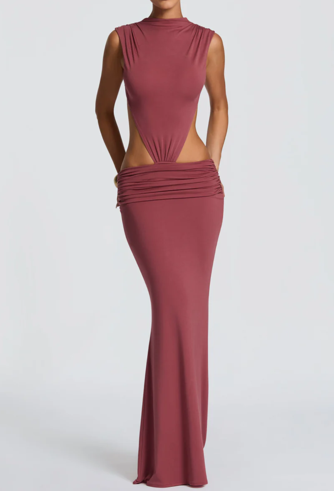 Red/Black Backless Cutout Ruched Maxi Dress - High Neck Sleeveless Bodycon Evening Gown