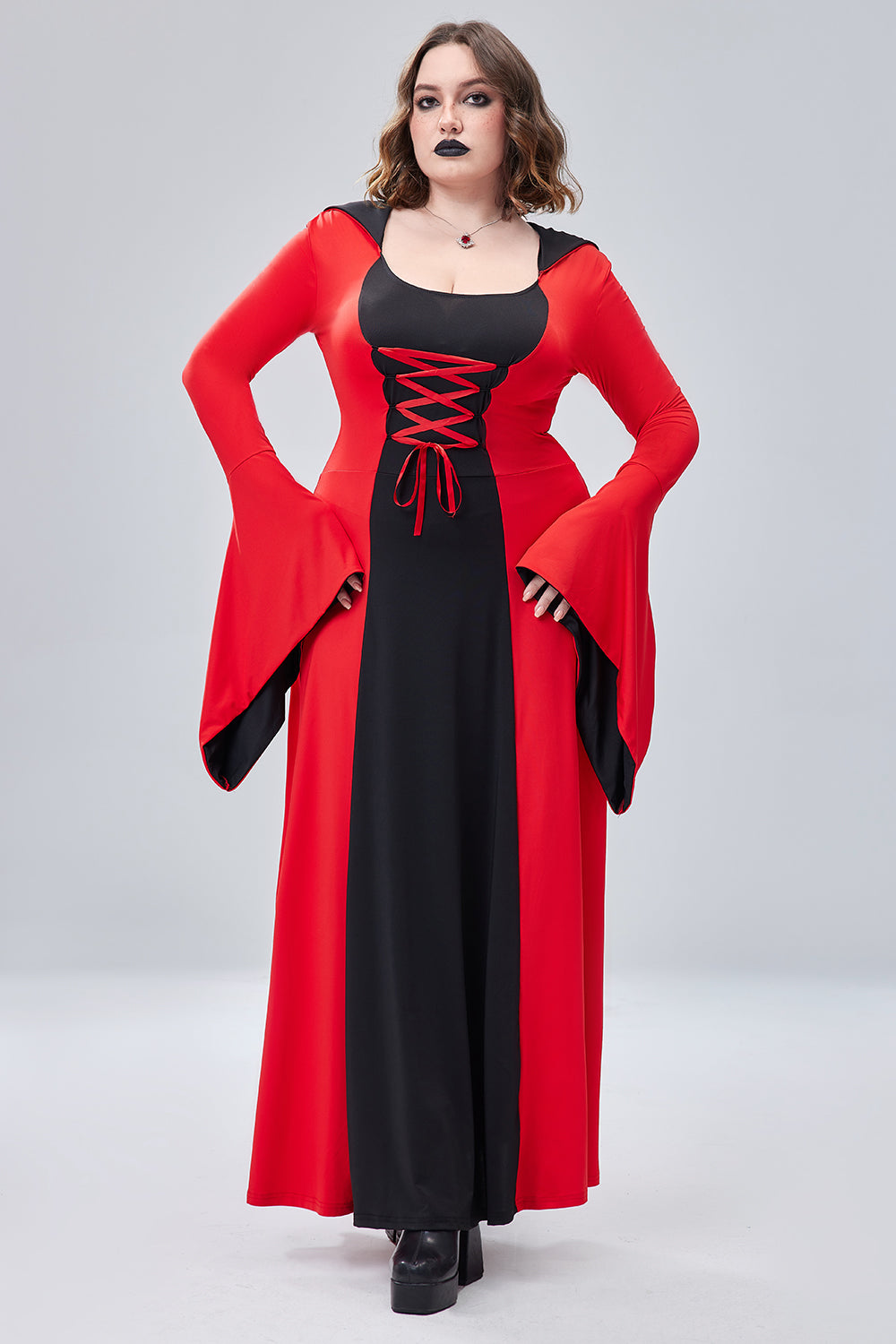 Halloween Costume Red Hooded Lace Up Witches Trumpet Sleeve Knitted Maxi Dress(Ships 24h)