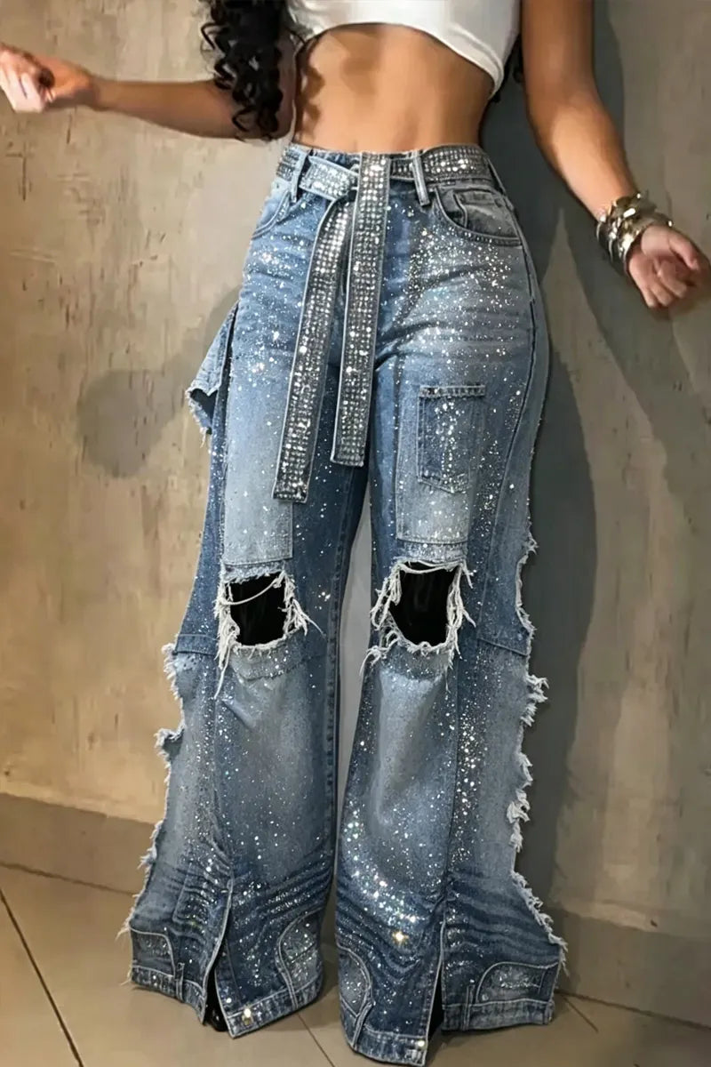 Women Full Rhinestone Embellished Distressed Ripped Raw Fringe Layer Split Wide Leg Flare Denim Jeans