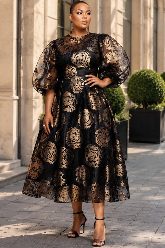 Churchs Gold Floral Round Neck Puff Sleeve Half Sleeve Organza Midi Dresses [Pre-Order]