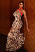Halter Neck Contrast Piping Leopard Print Fishtail Casual Maxi Dresses-Brown