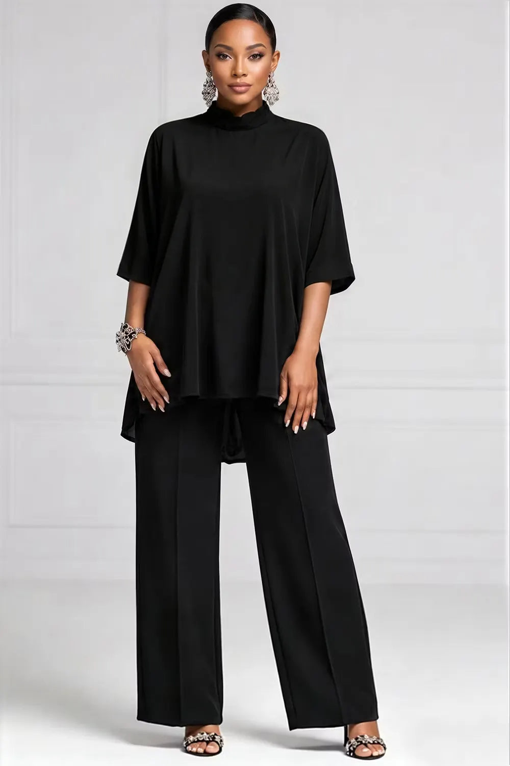 Business Casual Black Mock Neck Short Sleeve Pocket Wide Leg Two Piece Pant Sets