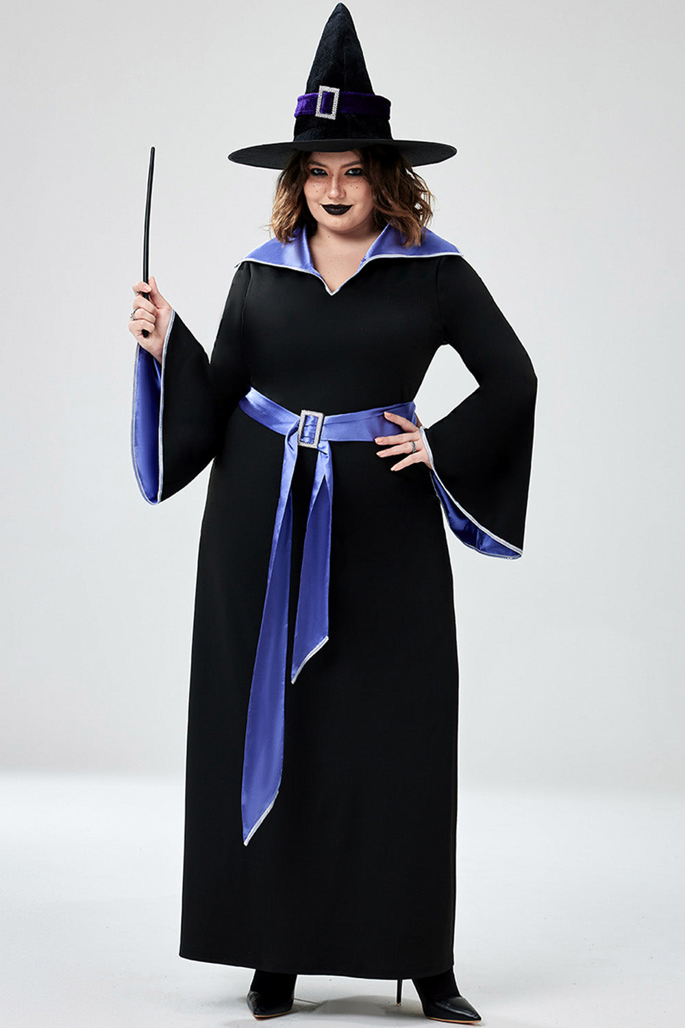 Halloween Costume Black Witches Cosplay Trumpet Sleeve Knitted Maxi Dress (Without Hat And Cane)(Ships 24h)