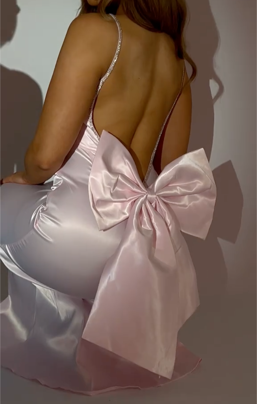 Pink/Blue Satin Maxi Dress with Crystal Straps, Deep V Back & Oversized Bow
