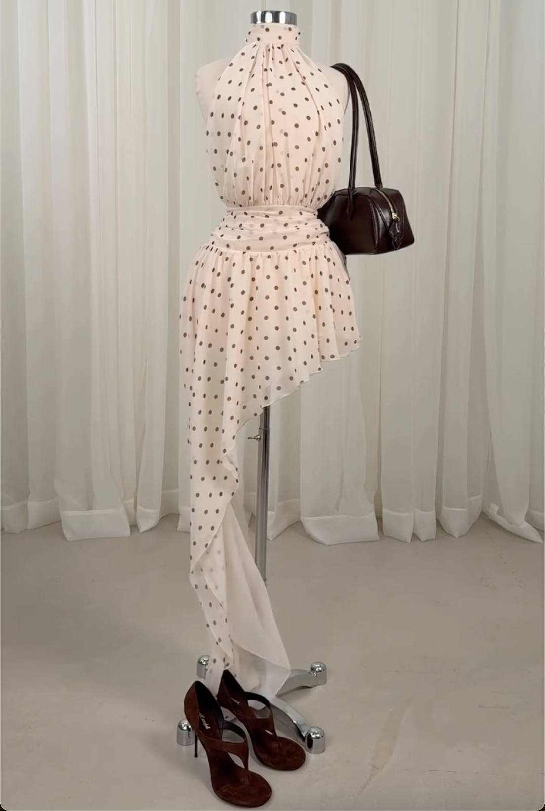Beige Polka Dot Halter Neck Asymmetrical Midi Dress - Formal Party Gown