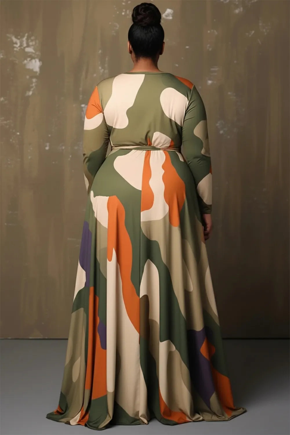 Daily Army Green Camo V Neck Long Sleeve Wrap Casual Pocket Maxi Dresses