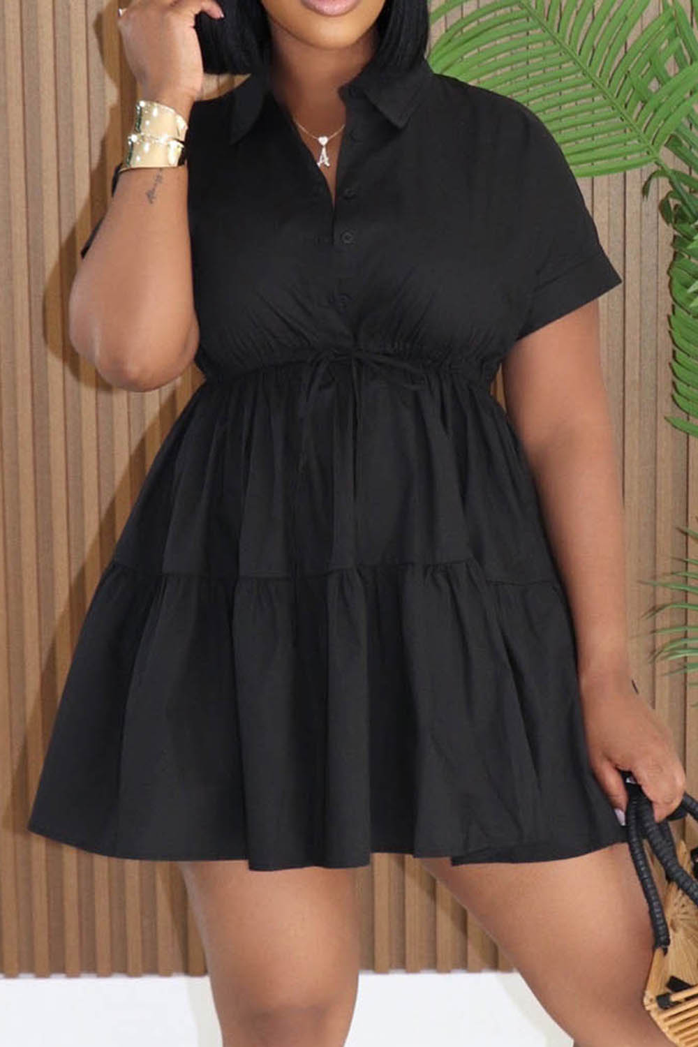 Turndown Collar Cinch Waist Solid Color A-Line Casual Mini Dresses-Black