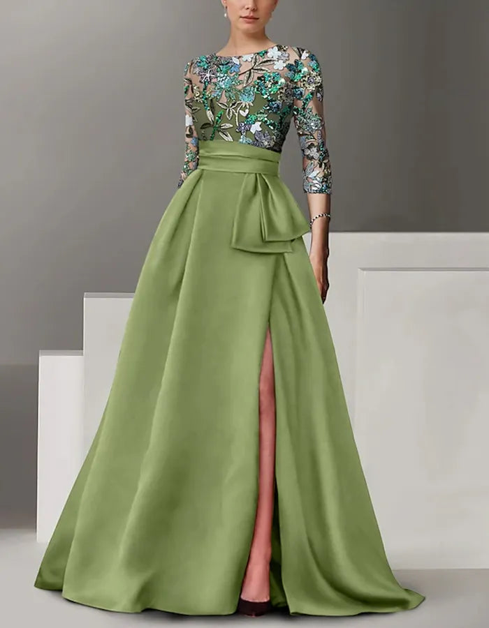 Round Neck Satin Sequined Sleeves Maxi Dress