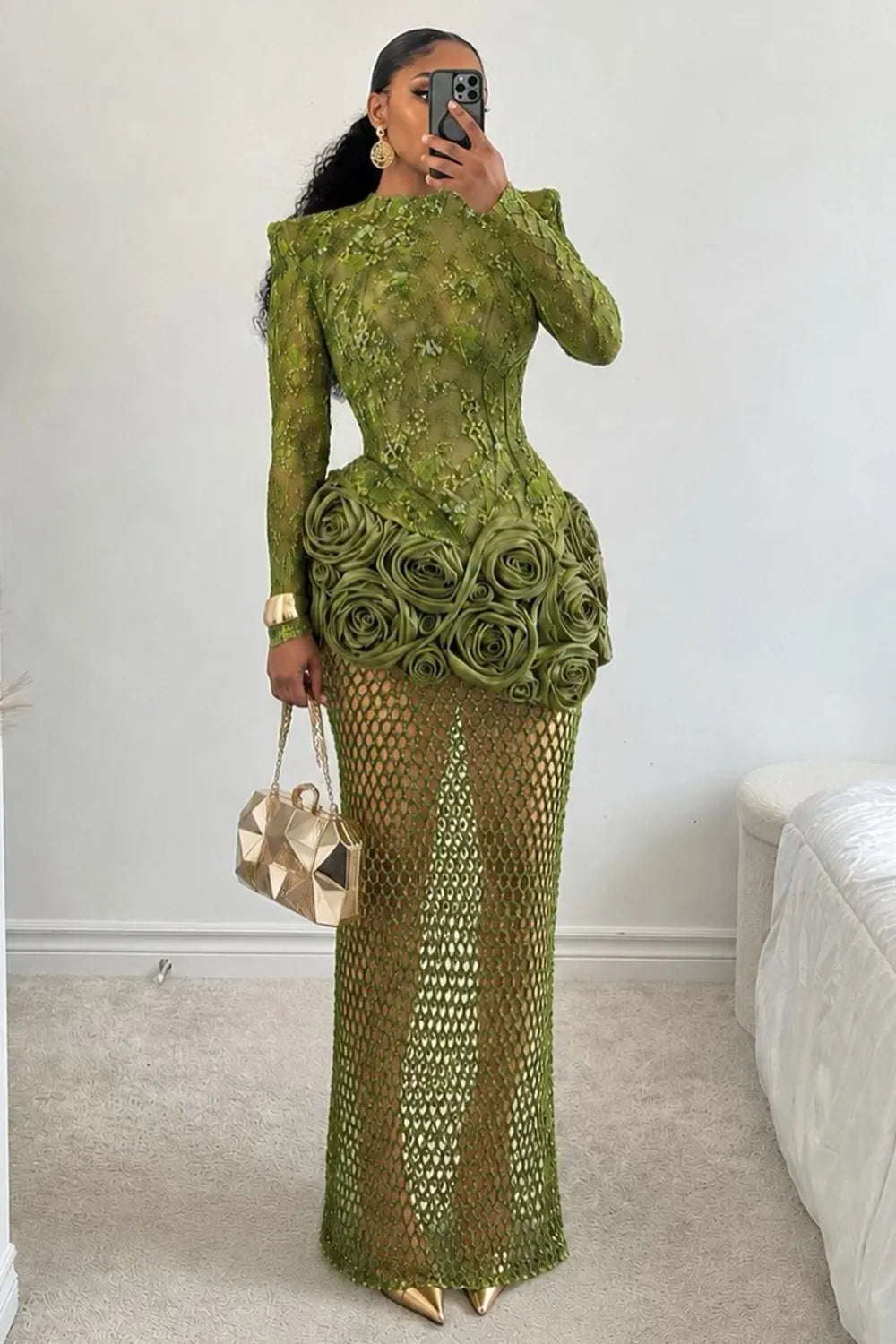 Shoulder Pad 3D Floral Patchwork Fishnet Mesh Maxi Dresses-Green [Pre Order]