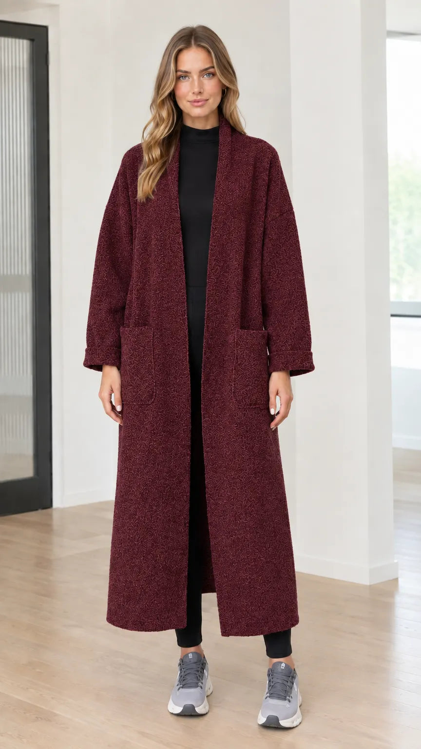 Women's Textured Bouclé Long Open Front Duster Coat with Pockets