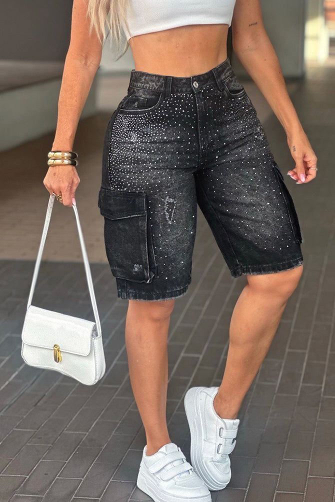Women's Casual Rhinestone Cargo Cropped Jeans