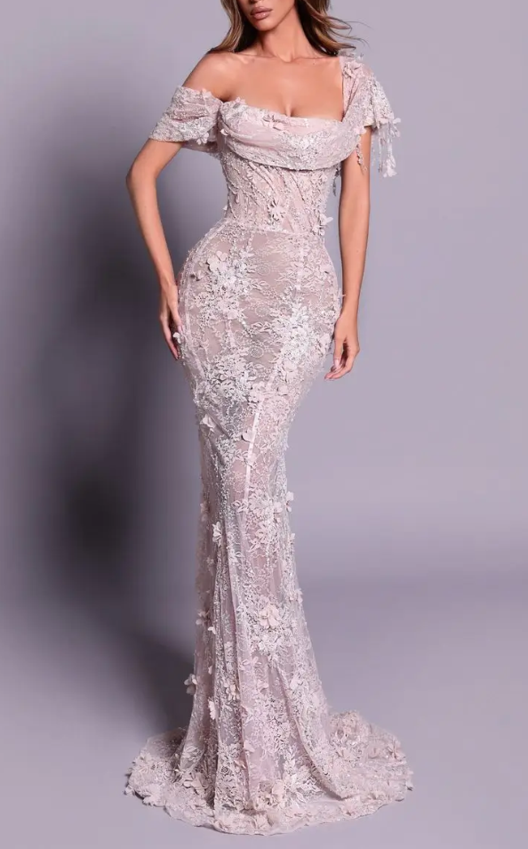 Nude 3D Lace Off-Shoulder Mermaid Maxi Dress with Train