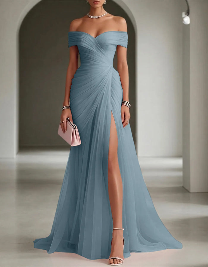 Solid Color Off Shoulder Mesh Ruching And Slit  Maxi Dress