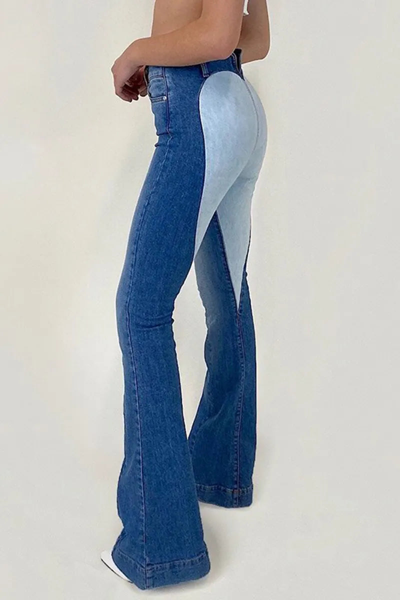 Women's Casual Heart Color Block High Waist Flare Jeans