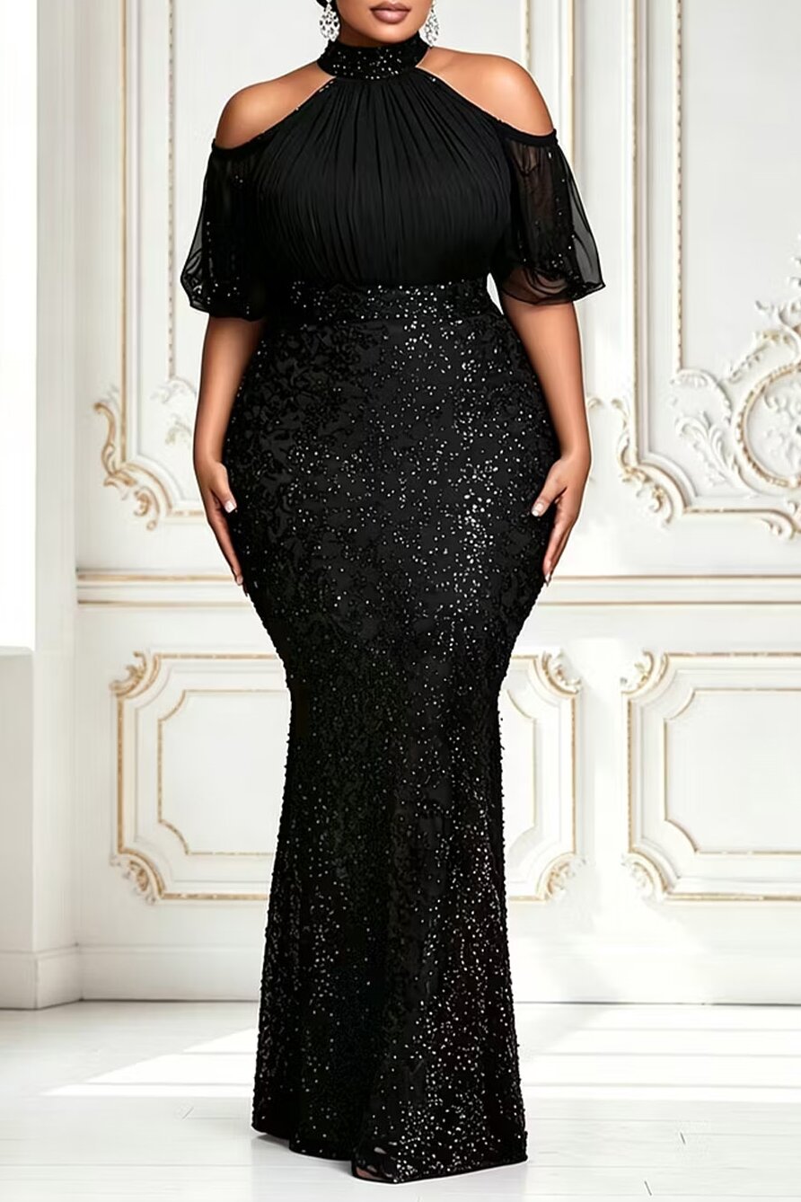 Sequin Black Cold Shoulder Short Sleeve Bodycon Contrast Chiffon Maxi Dresses