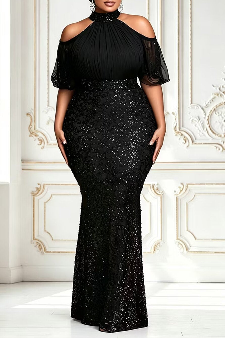 Sequin Black Cold Shoulder Short Sleeve Bodycon Contrast Chiffon Maxi Dresses