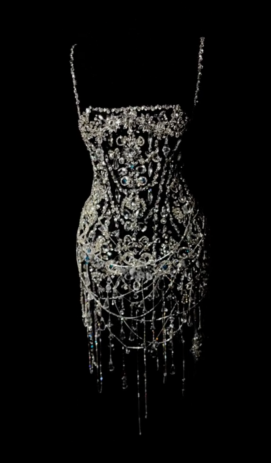 Black Beaded Mini Dress with Sheer Mesh, Fringe Trim & Crystal Embellishments