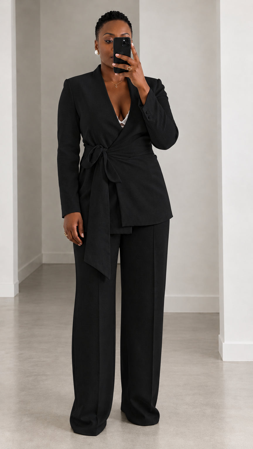 Women's Elegant Tie-Waist Wrap Blazer and Wide-Leg Trousers Two-Piece Suit Set