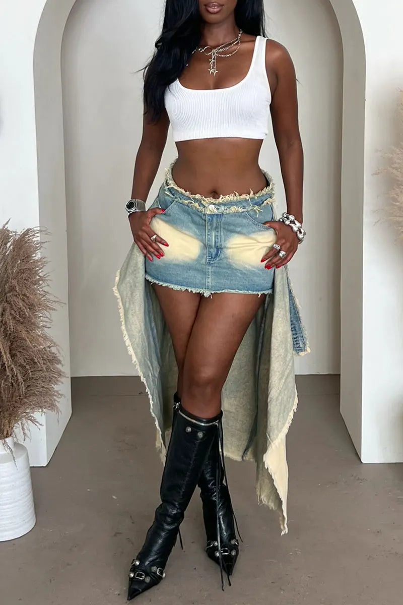 Women's Y2K Style Frayed Edge Asymmetric Split Denim Maxi Skirt