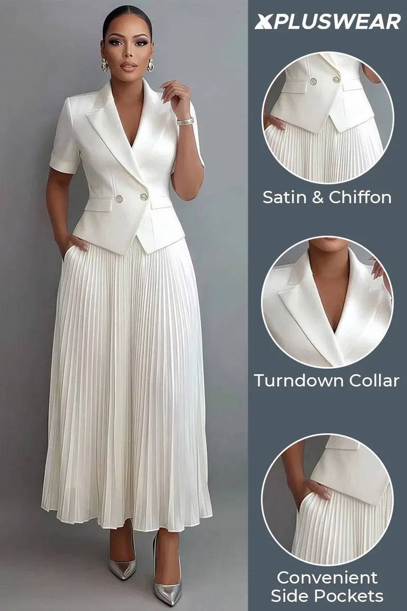 Chiffon White Turndown Collar Short Sleeve Pleated Pocket Satin Two Piece Skirt Sets