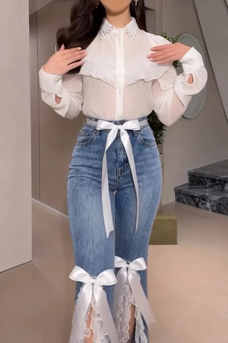 Women's Elegant Sweet Bow Mesh Hem Jeans