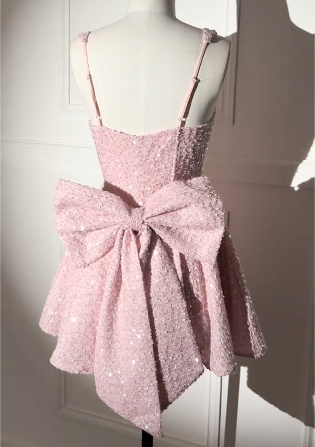 Pink Sequin Bouclé Mini Dress with Oversized Bow Back & Square Neck