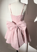 Pink Sequin Bouclé Mini Dress with Oversized Bow Back & Square Neck