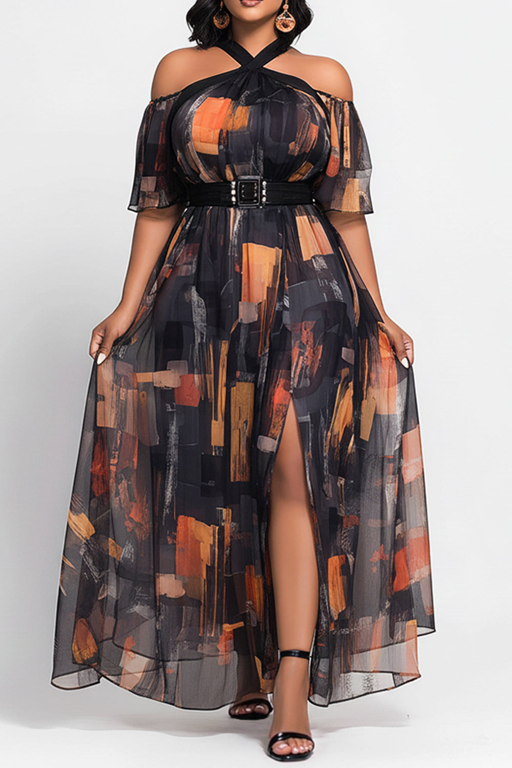 Vacation Black Graphic Halter Collar Cold Shoulder Short Sleeve Split Cut Out Maxi Dresses