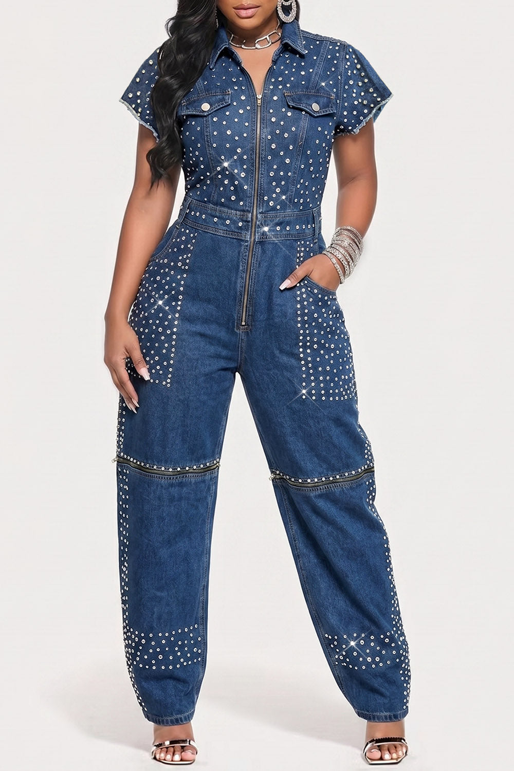 Xpluswear Design Plus Size Party Blue Shirt Collar Short Sleeve Zipper Drilling Denim Jumpsuits