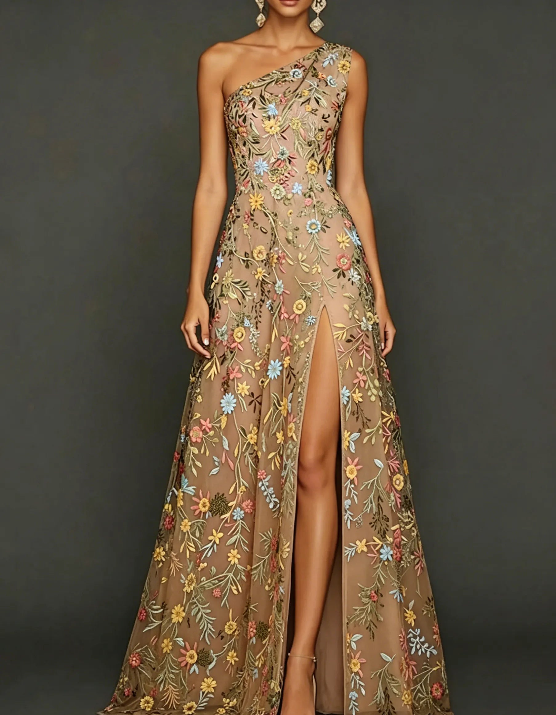 Chiffon Lace Embroidered One Shoulder Fitted Waist Maxi Dress