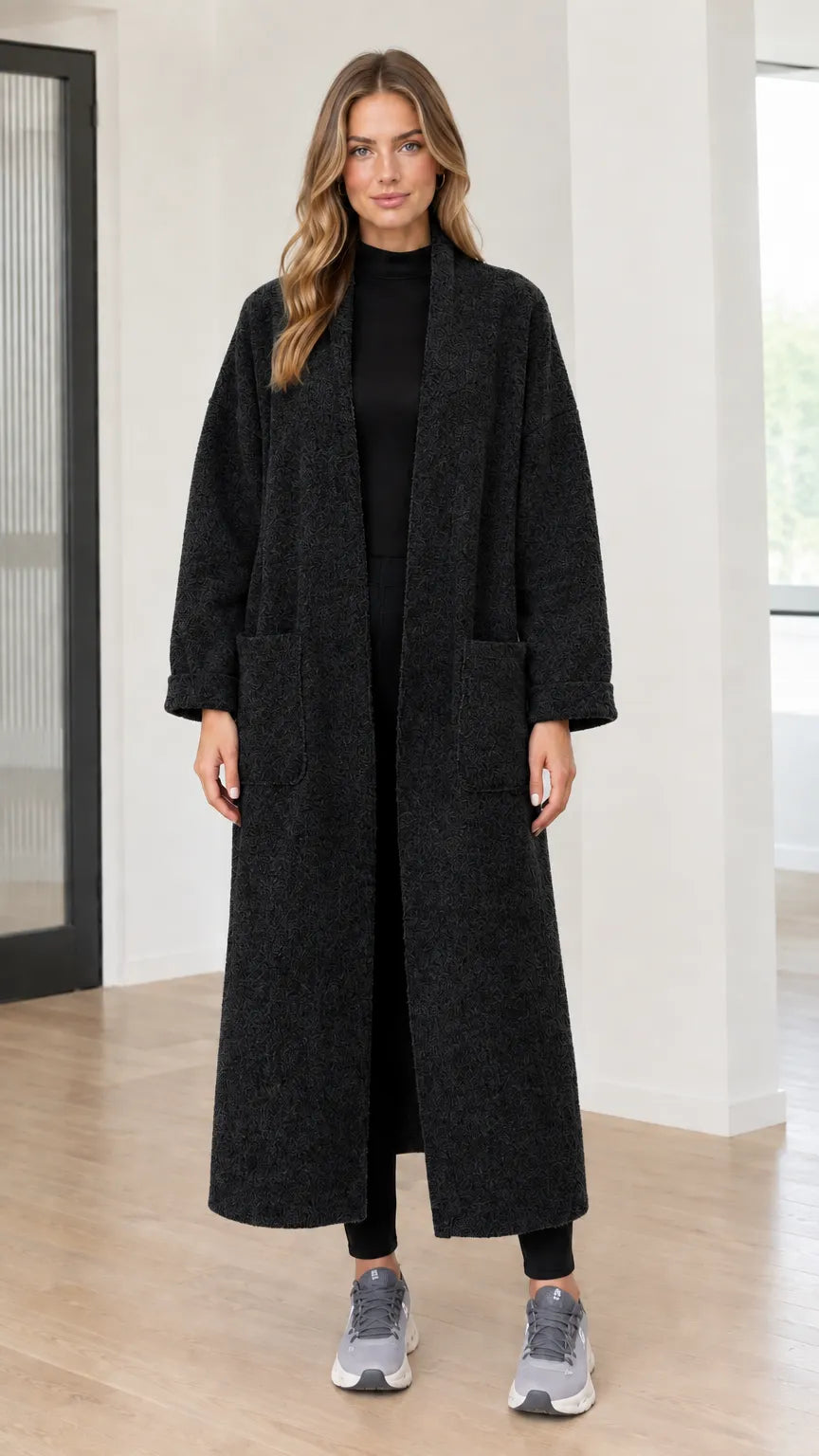 Women's Textured Bouclé Long Open Front Duster Coat with Pockets