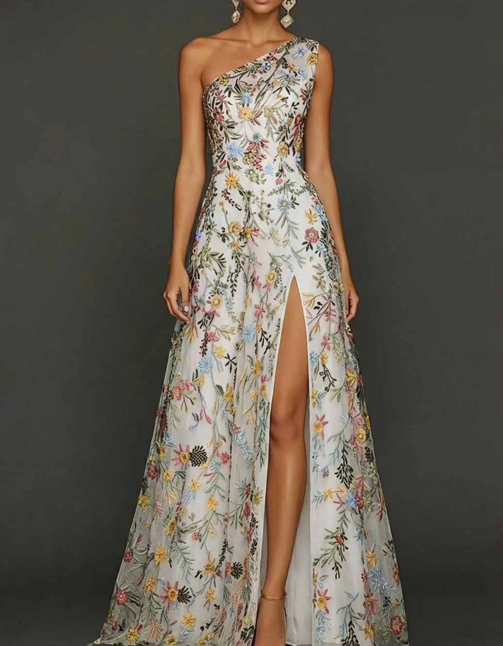 Chiffon Lace Embroidered One Shoulder Fitted Waist Maxi Dress