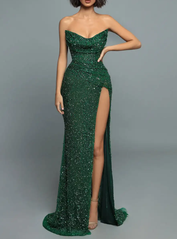 Emerald Green Sequin Strapless Maxi Dress with High Slit & Train