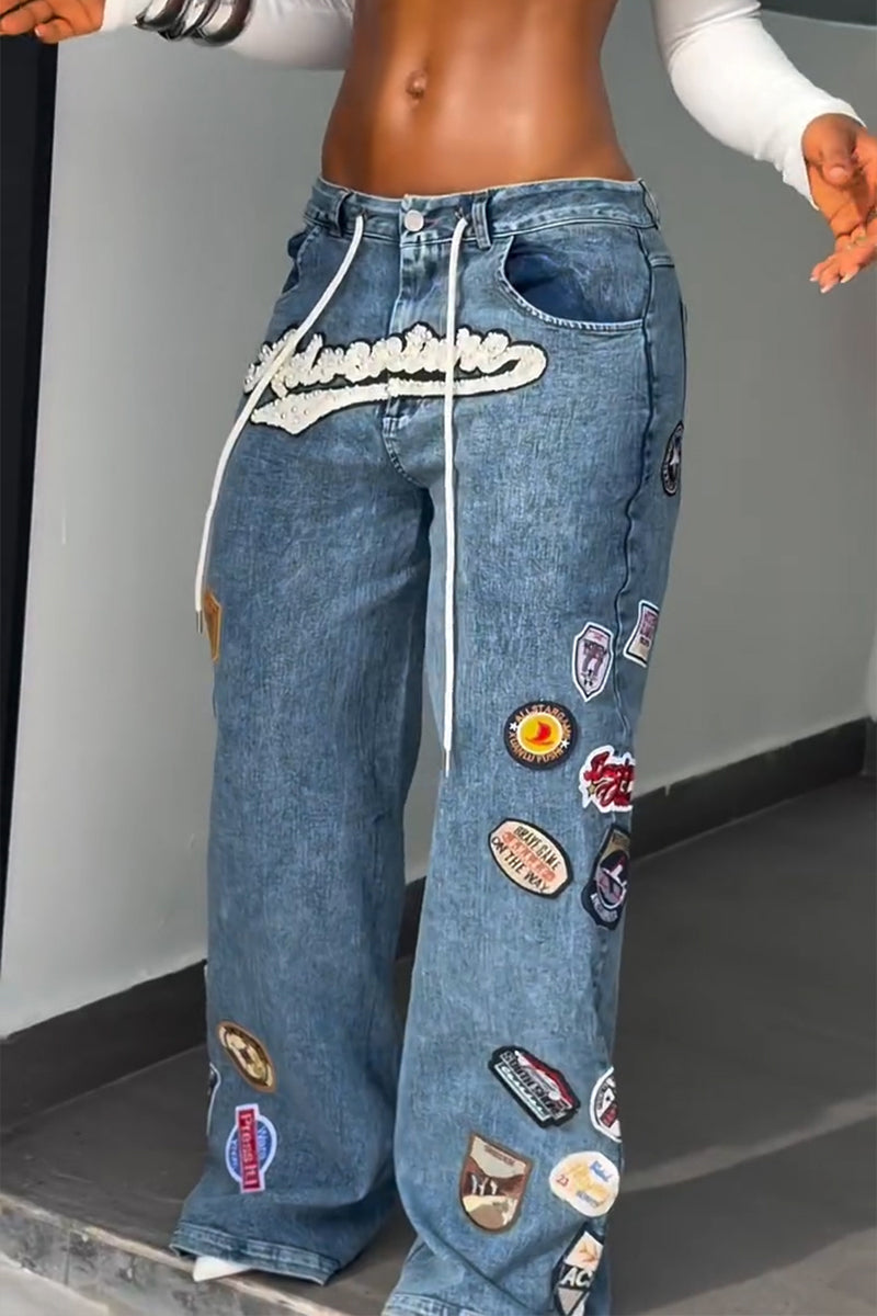 Women's Fashion Pattern Badge Beaded Wide Leg Jeans