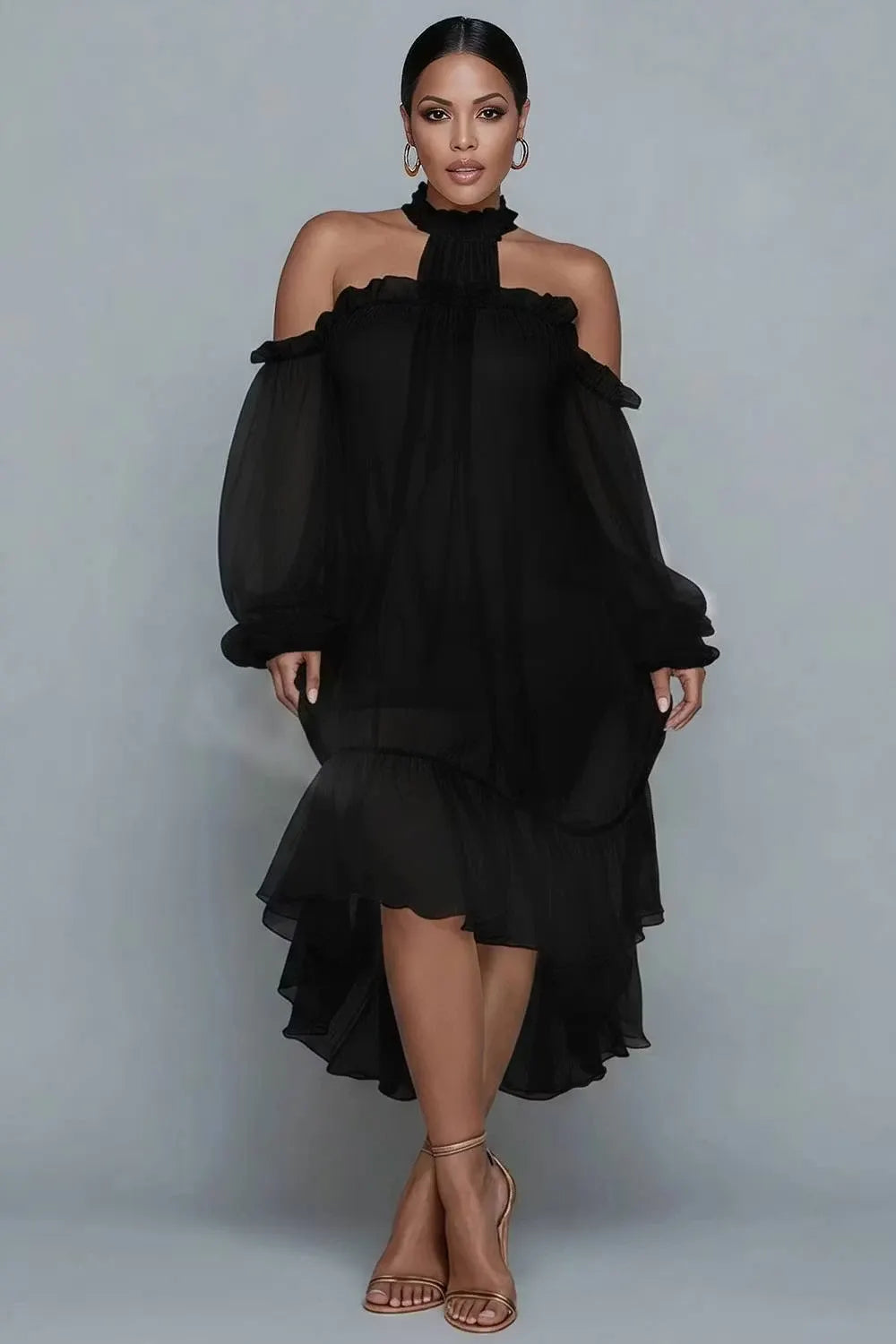 Birthday White Halter Collar Cold Shoulder Long Sleeve Ruffle Asymmetric Hem Irregular Hem Chiffon Midi Dresses
