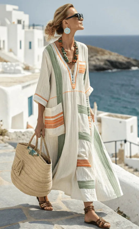 Resort Stripe V-Neck Kaftan Maxi Dress