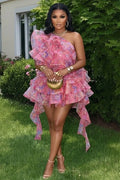 Floral One Shoulder Tiered Ruffle Streamer Mini Dresses-Purple [Pre Order]