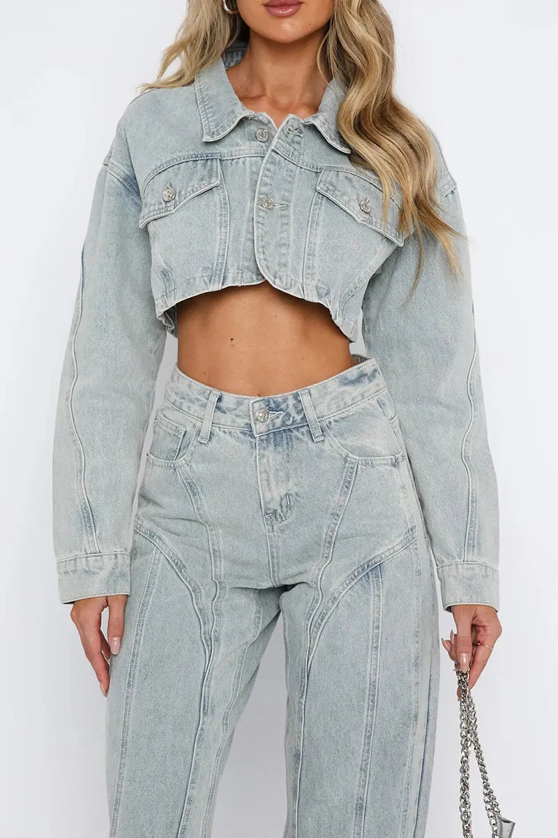 Women's Best-Selling Casual Cropped Denim Jacket＆ Wide Leg Jeans