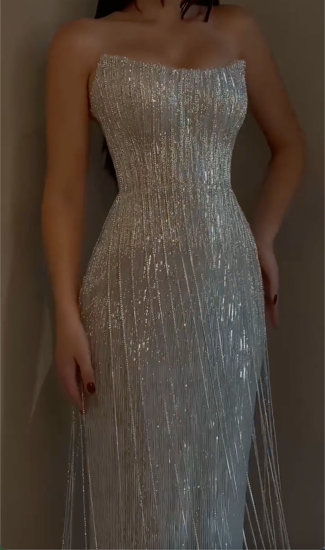 Silver Strapless Evening Dress - Beaded Fringe Corset Formal Gown