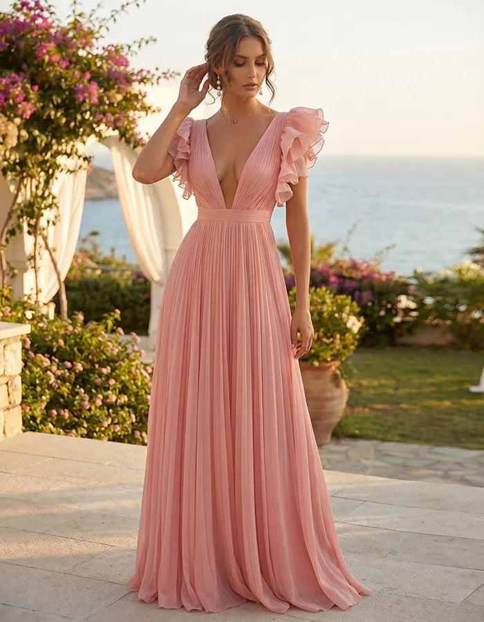 Pink Deep V-Neck Flutter Sleeve Pleated Chiffon Maxi Dress