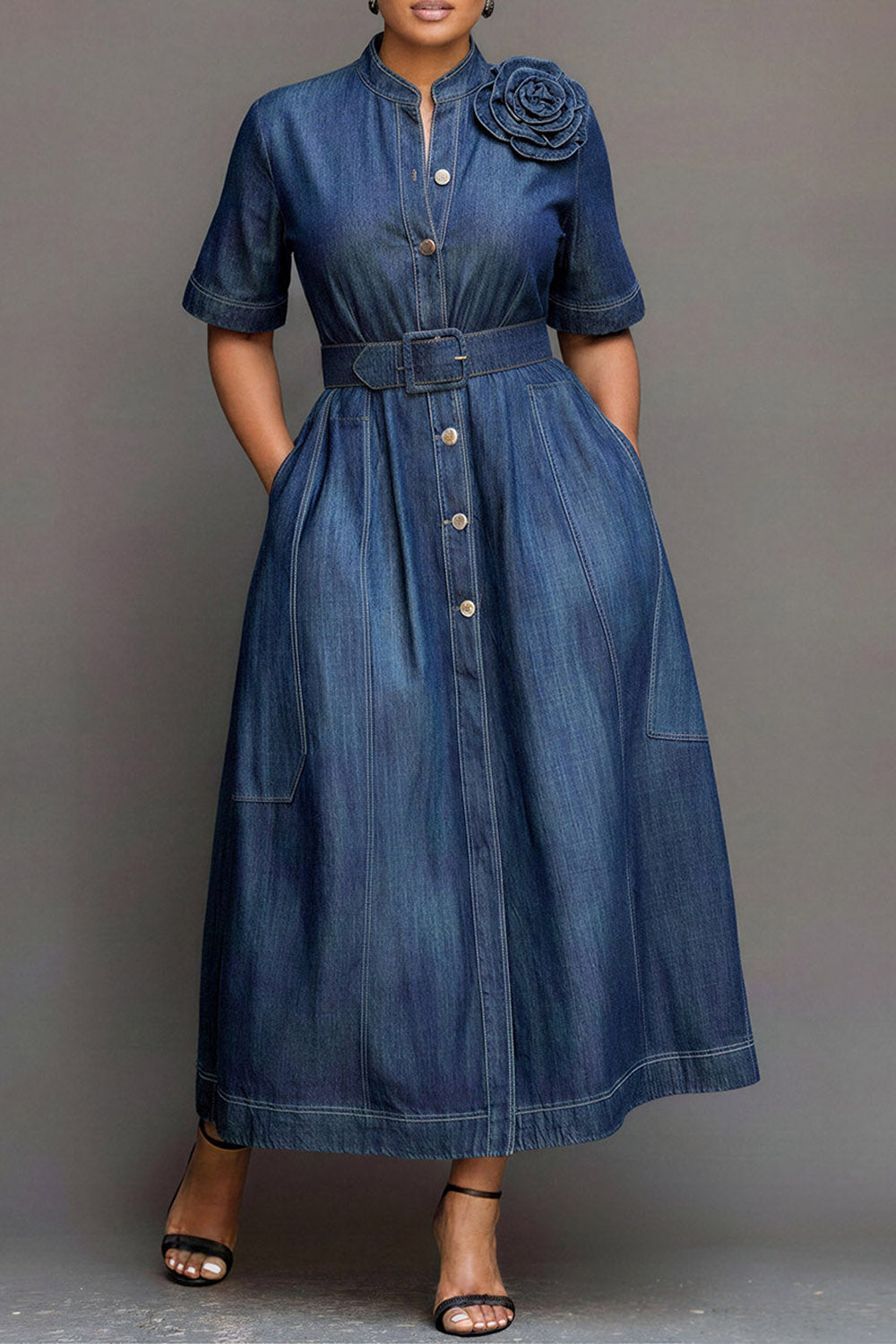 Xpluswear Design Plus Size Business Casual Casual Blue Stand-Up Collar Short Sleeve 3D Pocket Tencel Denim Maxi Dresses
