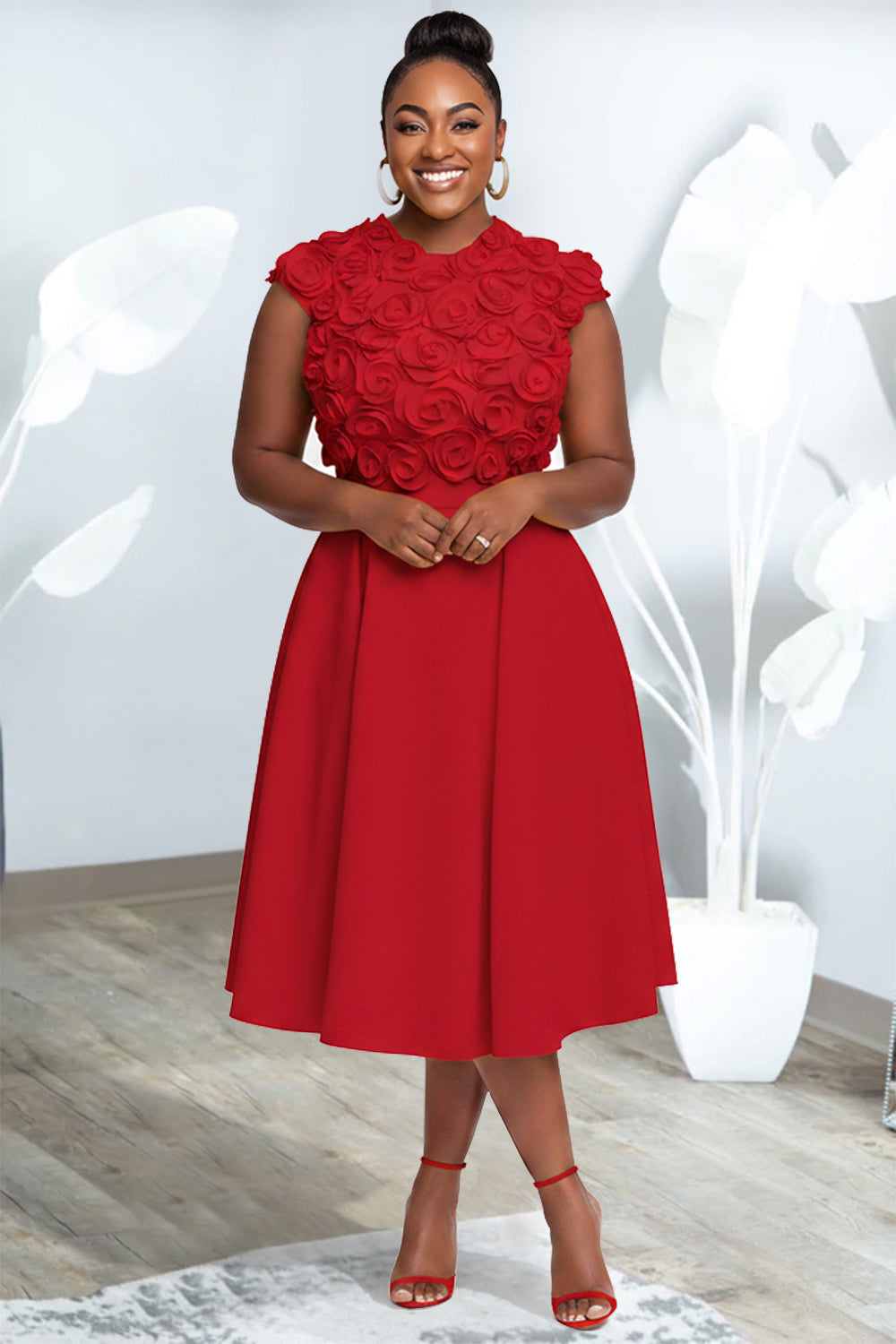 Cocktail Party Yellow Round Neck 3D Pocket Midi Dresses
