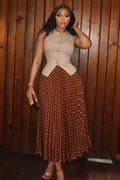 Round Neck Slit Vest Polka Dot Print Pleated Maxi Skirt Casual 2pcs Set-Khaki