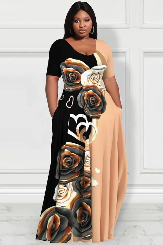Casual Colorblock Floral Print Short Sleeve With Pockets Maxi Dress