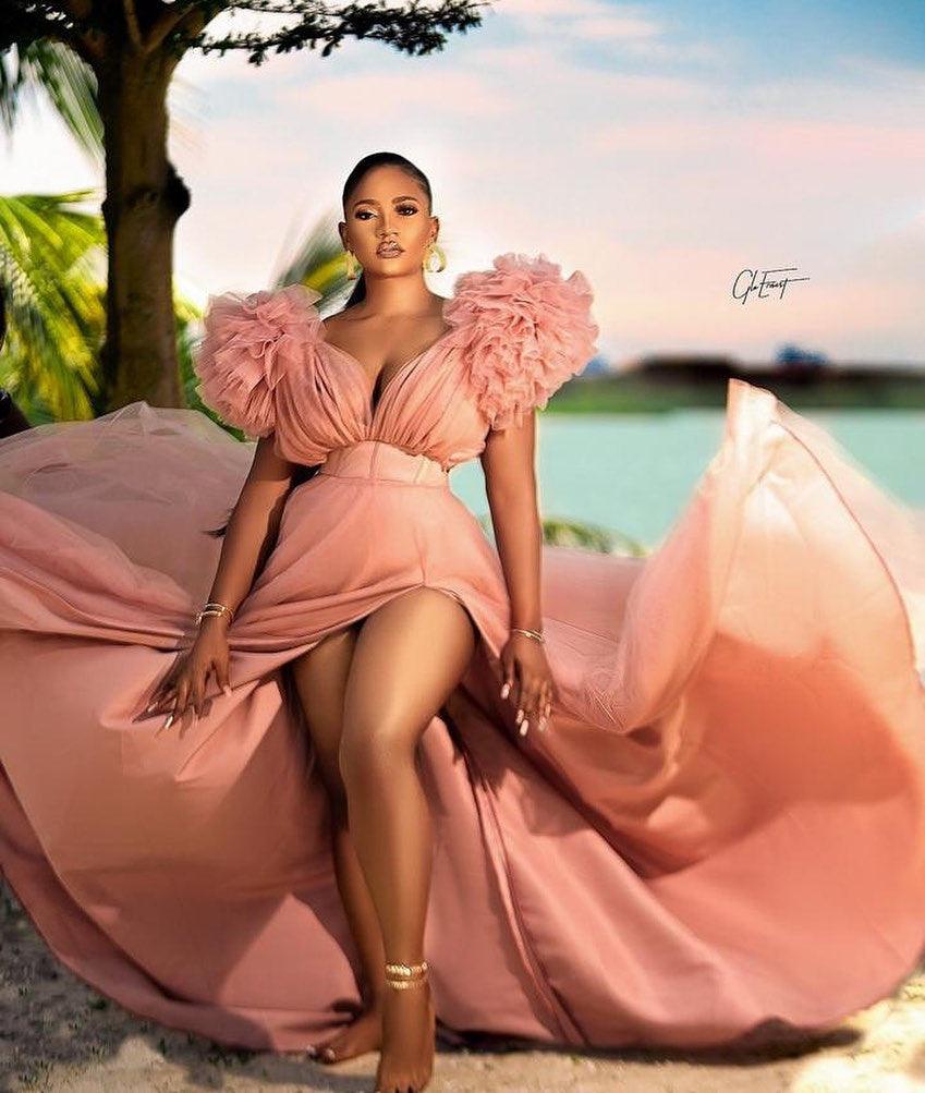 Pink Split Joint V Neck Tulle Ruffle Trailing Maxi Dress