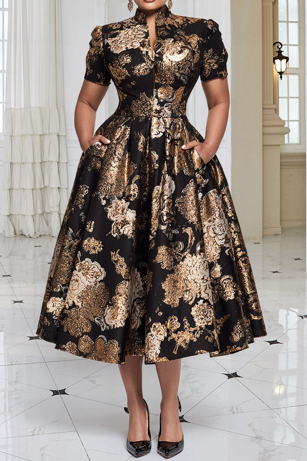 Black All Over Print Stand-Up Collar Short Sleeve Pocket Elegant Satin Midi Dresses