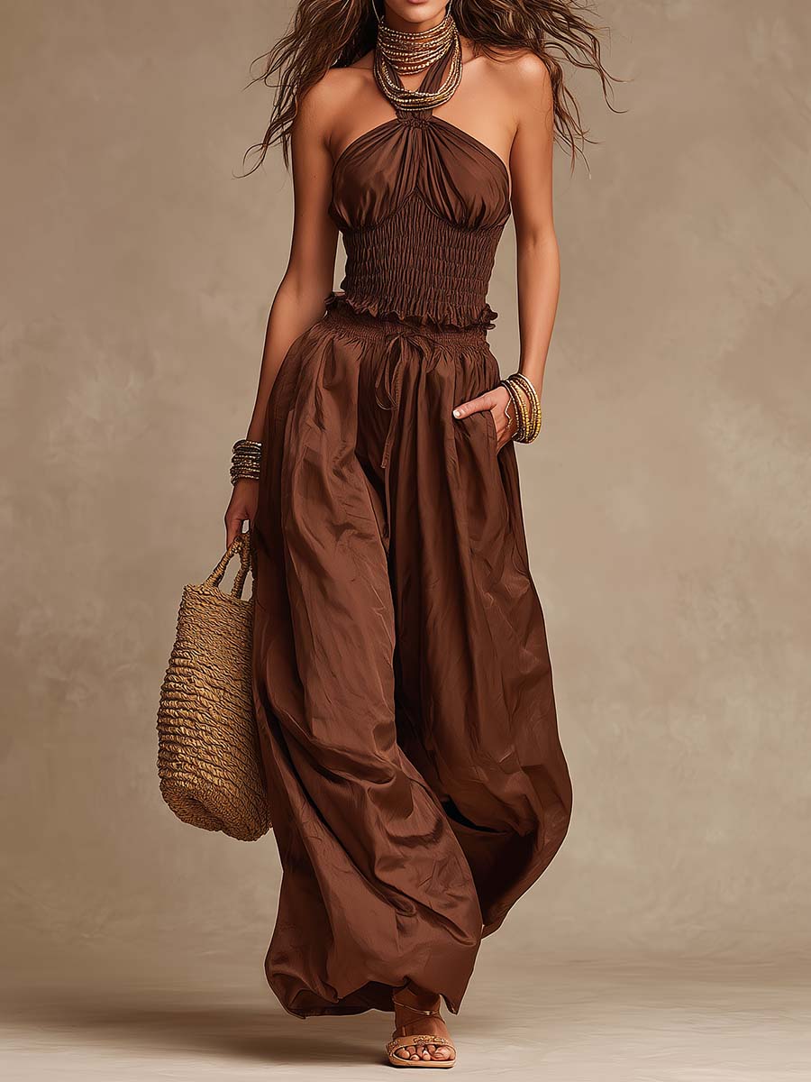 Bohemian Halter Smocked Wide-Leg Jumpsuit