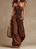 Bohemian Halter Smocked Wide-Leg Jumpsuit