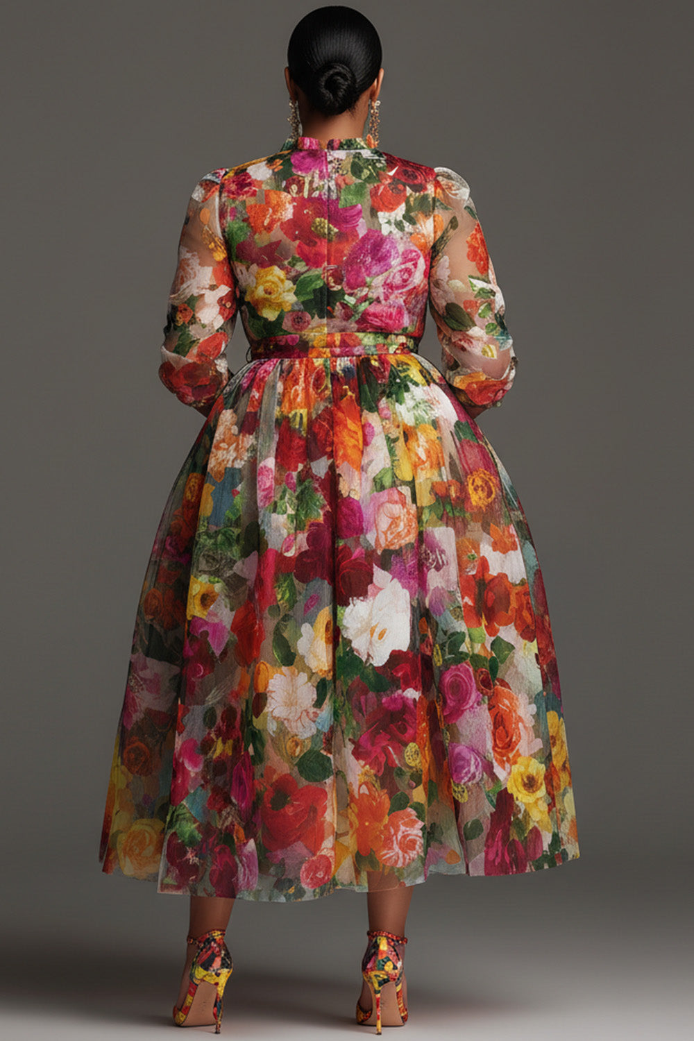 Cocktail Party Multicolor Floral Round Neck Long Sleeve Pocket Chiffon Midi Dresses