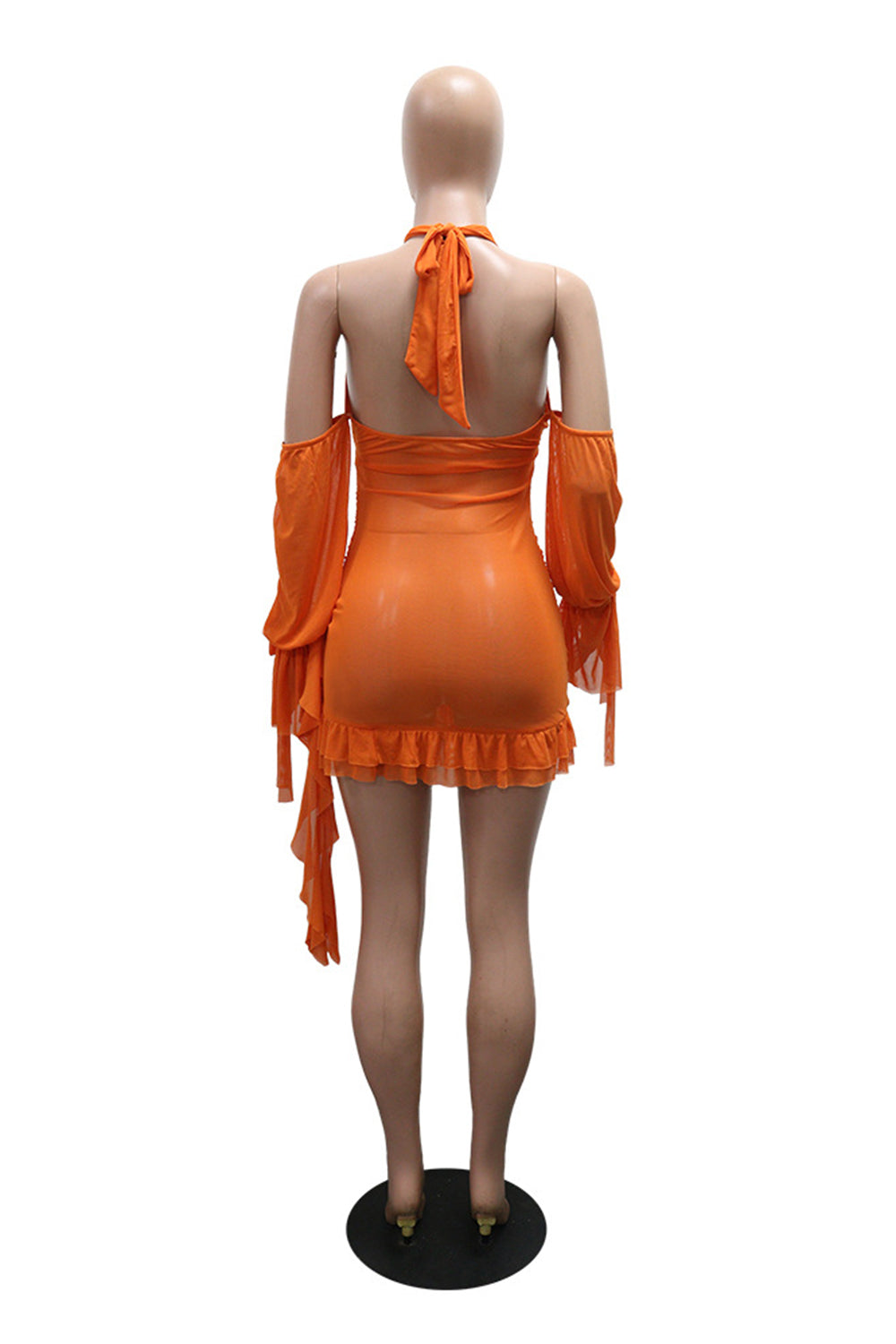 Halter Neck See Through Mesh Backless Side Sash Slim Fit Mini Dresses-Orange